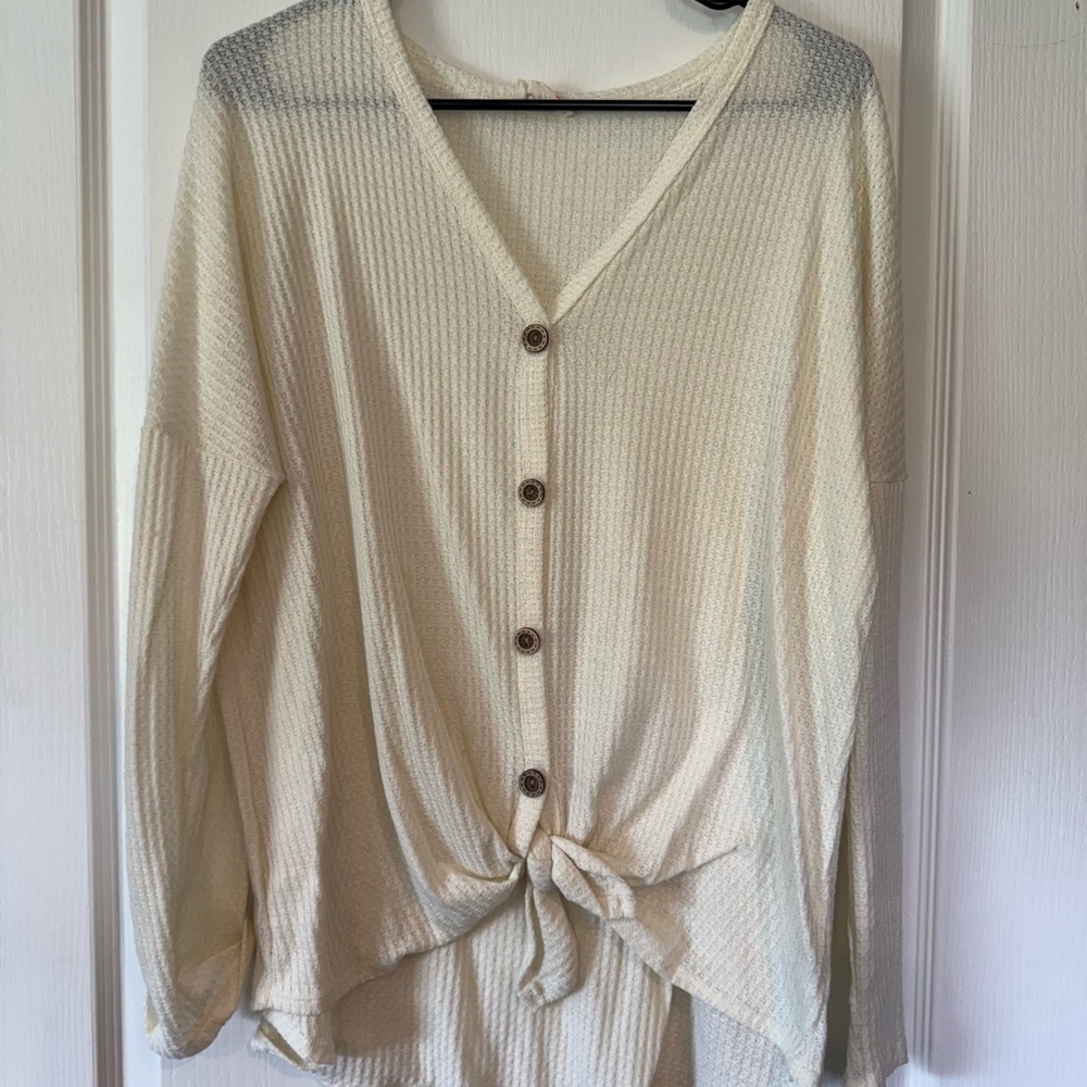 Cream Button-Up Waffle Knit Top
